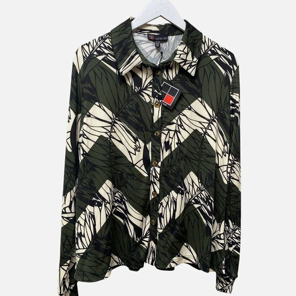 CARRE NOIR Stretch Top XL Womens Button Up Olive Green Print Long Sleeve NWT - Picture 1 of 11